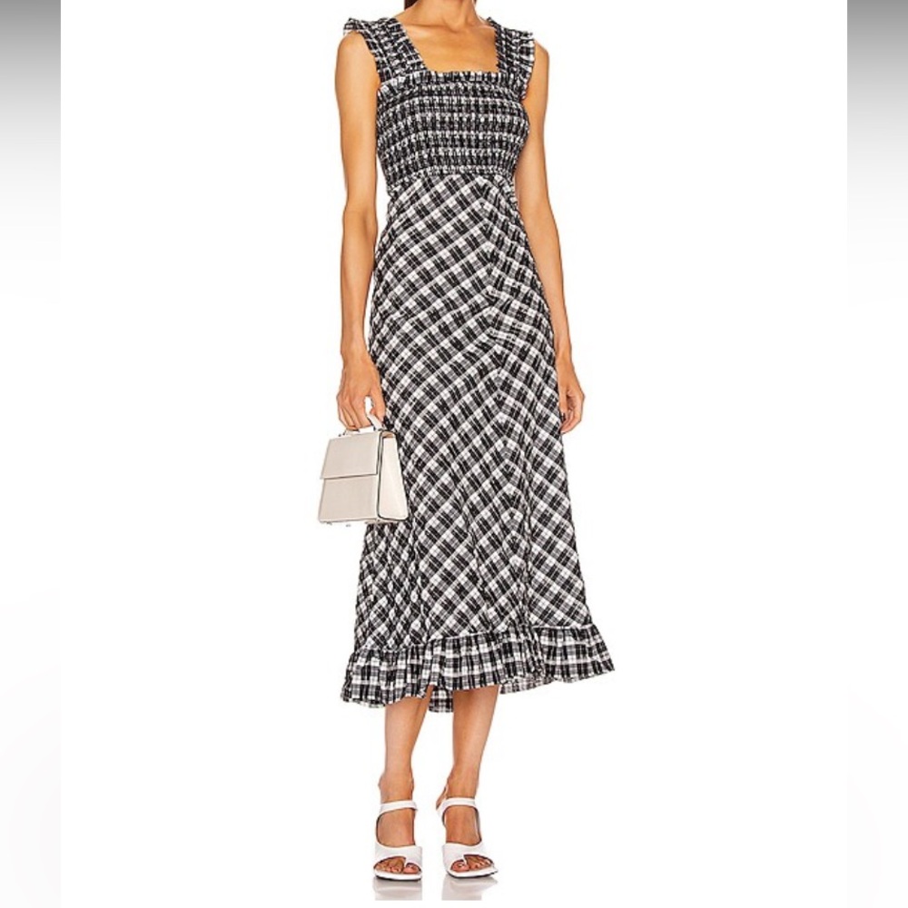 GANNI Black White Checked Seersucker Smocked Midi Summer Sun Dress 38 (M US)